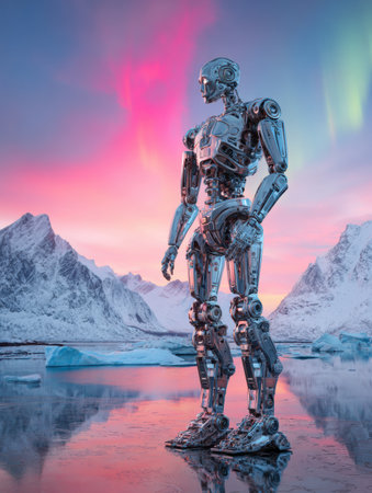 A sleek robot stands on a frozen lake surrounded by mountains, illuminated by vibrant auroras in the evening sky.の素材