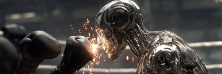 An intense boxing match features a shiny robot and a human opponent throwing powerful punches in a dimly lit arena filled with tension.の素材