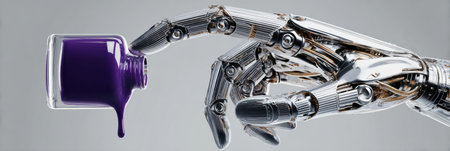 A robotic hand extends towards a glass container of purple nail polish, showing a blend of technology and creativity, in a minimalist environment.の素材