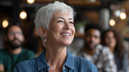 A cheerful woman with short gray hair smiles while engaging in a friendly discussion with her companions at a warm cafe setting.の素材