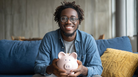 A young man with glasses joyfully holds a piggy bank while sitting comfortably on a blue couch, surrounded by a warm atmosphere.の素材