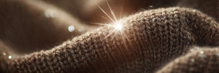 Close-up view of soft brown knit fabric featuring subtle sparkles and a warm light effect, evoking a cozy atmosphere.の素材