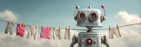A robot stands proudly as it hangs colorful clothes on a clothesline, enjoying a sunny day with a bright blue sky and soft clouds nearby.の素材