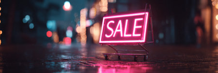 Neon sign displaying sale glows on a wet city street during nighttime, drawing attention amidst blurred lights and reflections.の素材