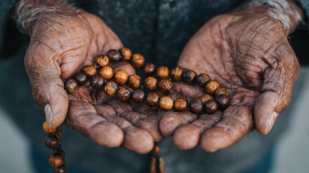 Hands of an elderly person gently hold prayer beads, symbolizing a moment of peace and spirituality during a quiet time of reflection.の素材