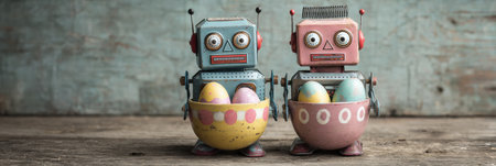Two retro-style robots display pastel-colored eggs in their bowls, set against a worn wooden background, creating a charming scene.の素材