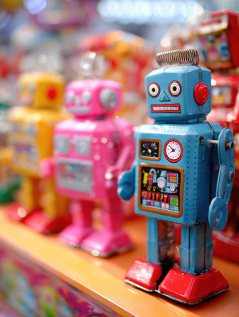 Collection of vintage toy robots in various colors stands on a shelf, embodying nostalgia and joy in a lively environment.の素材