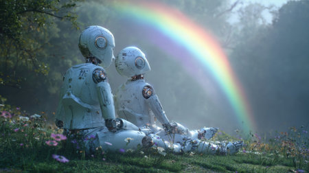 Two humanoid robots relax in a meadow filled with flowers, enjoying the beauty of a colorful rainbow arching across the sky.の素材
