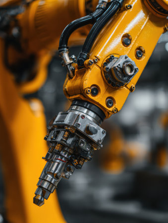 A close-up view of a robotic arm with intricate details, highlighting its capabilities and technology in an industrial environment.の素材