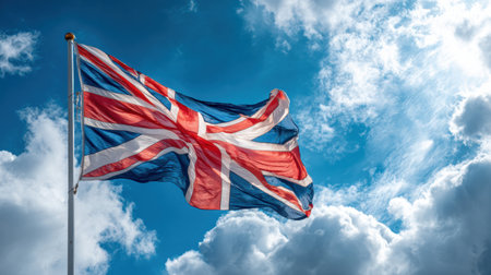 The British flag flutters in the wind against a backdrop of clear blue sky and white clouds, highlighting national pride.の素材