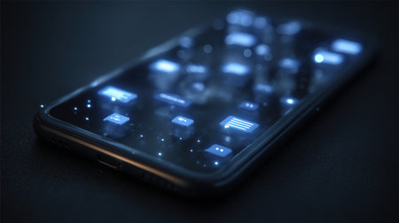 A sleek electronic device shows glowing app icons while resting on a dark surface, creating a modern and engaging atmosphere.の素材