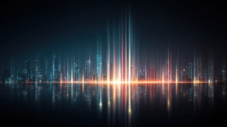 Bright lights create a vibrant skyline as they reflect on the calm water during the night, showing a futuristic urban landscape.の素材