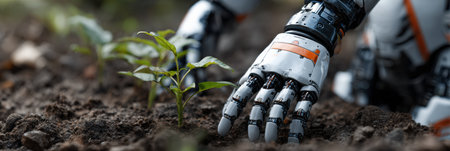 A robotic hand carefully plants seedlings in nutrient-rich soil, showing the blend of technology and nature on a bright day.の素材