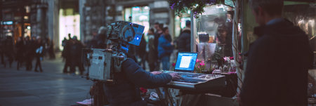 A musician interacts with a computer setup on the street while people pass by in the lively atmosphere of the city at night.の素材