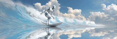 A robotic figure expertly balances on a surfboard, carving through vibrant waves beneath fluffy clouds, showing a blend of technology and nature.の素材
