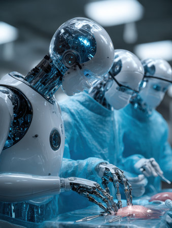 Three advanced robots wearing surgical attire engage in precise operations within a modern medical environment, showcasing technology and innovation.の素材