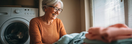 Senior woman enjoys folding freshly laundered clothes near a window, creating a warm and homely atmosphere.の素材