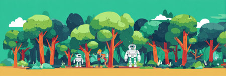 A scene shows robots and a human interacting in a vibrant forest, showcasing a blend of nature and technology during daytime.の素材