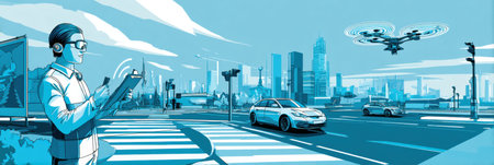 A man stands at a city intersection, using a tablet to control a drone while vehicles and skyscrapers surround him under a clear sky.の素材