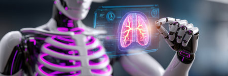 A robot examines a digital display of human lungs in a high-tech medical environment. The scene showcases advanced technology and healthcare.の素材