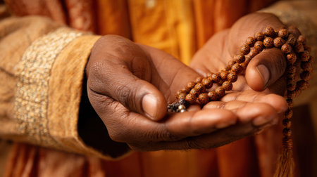 A pair of hands gently holds a string of prayer beads, showcasing a moment of meditation and inner peace.の素材