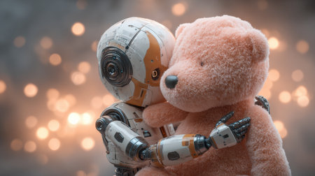 A robot gently embraces a cute teddy bear, surrounded by soft warm lights, creating a peaceful and heartwarming scene.の素材