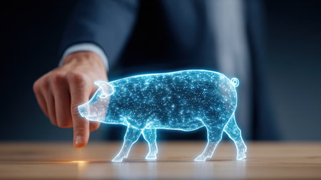 A person points at a glowing holographic pig model in a modern business environment, showcasing technology and creativity.の素材