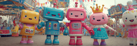 Four playful robot characters stand together at a lively carnival, surrounded by colorful decorations and rides, capturing a joyful moment.の素材