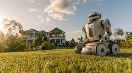 A robot navigates a lush garden while a grand mansion stands in the background under a colorful sky at sunset.の素材