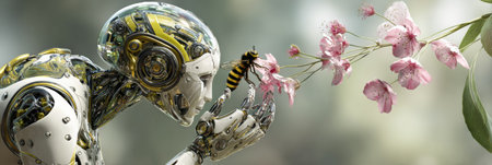 A detailed robot observes a bee as it approaches beautiful pink flowers in a peaceful outdoor environment, showing nature and technology.の素材