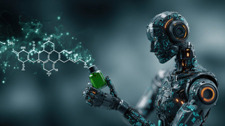 A robot examines a green vial surrounded by luminous chemical symbols in a high-tech environment, showing advanced technology.の素材