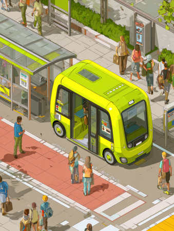 A vibrant city scene with a green autonomous shuttle at a bus stop as people gather and interact on the sidewalk.の素材