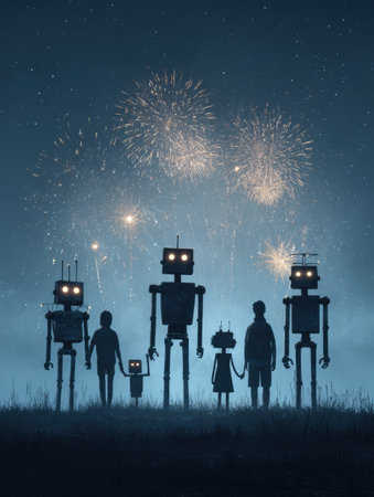 A group of robots and children stand hand in hand, mesmerized by colorful fireworks lighting up the night sky.の素材