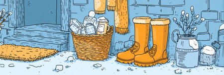 A inviting winter entrance showcases bright yellow boots beside a woven basket filled with warm items, surrounded by snow and soft textures.の素材