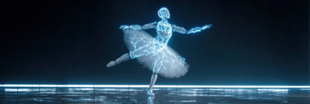 A futuristic robot dancer performs elegantly on stage, combining dance and technology in a stunning display of art and innovation.の素材