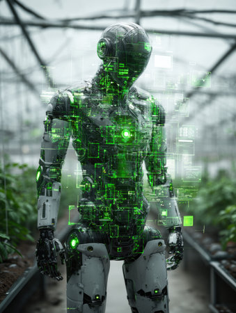 A humanoid robot stands in a greenhouse surrounded by plants, projecting green digital information in a futuristic setting.の素材