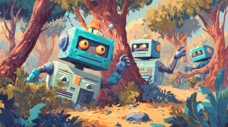 Friendly robots wander through a colorful forest filled with lush trees and bright foliage, enjoying their adventure in nature.の素材