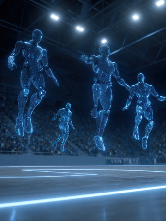 Robotic figures are showcased in a dynamic athletic performance inside a modern sports arena, illustrating cutting-edge motion capture techniques.の素材