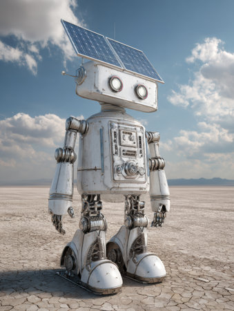 A small robot equipped with solar panels stands in an arid environment, surrounded by cracked earth and distant mountains, showing its technology.の素材