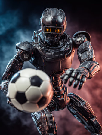 A futuristic robot is in an action stance, ready to block a soccer ball amid colorful smoke and dramatic lighting, showcasing advanced design.の素材
