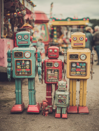 Four colorful vintage robots are lined up together at a fair, showing their unique designs and charming features on a cloudy day.の素材