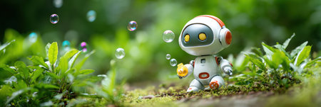 A small robot interacts with bubbles in a vibrant green environment, showcasing a playful moment filled with joy and curiosity.の素材