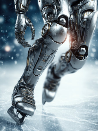 A metallic robot skater glides effortlessly on a frozen surface, showcasing advanced technology and fluid movement in a snowy environment.の素材