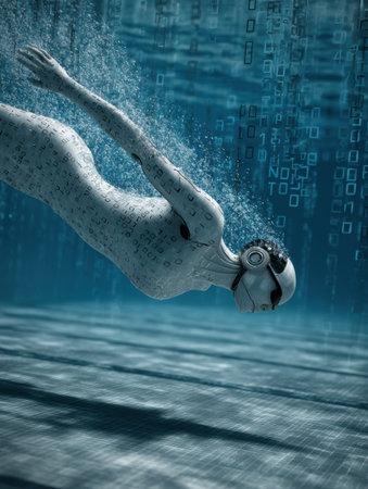 A robotic figure swims gracefully underwater, surrounded by flowing digital data, creating a surreal and futuristic atmosphere.の素材