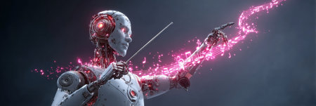 A robot conductor guides an unseen orchestra, surrounded by vibrant musical notes that light up the dark space, creating a magical atmosphere.の素材