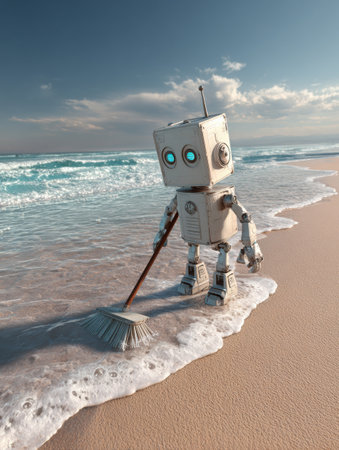 A small robot works diligently on a sandy beach, sweeping the shoreline as waves roll in beneath a bright sky.の素材