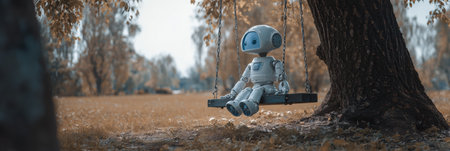 A small robot enjoys a peaceful moment on a swing in a serene park during the autumn season. The trees around showcase golden foliage.の素材