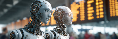 Two humanoid robots are positioned in an airport terminal amidst travelers, with information screens glowing in the background.の素材