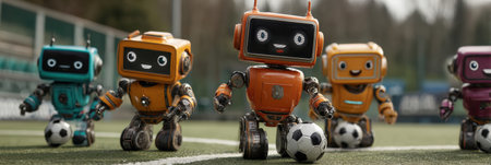 Small robots engage in a friendly soccer match on a well-maintained field surrounded by nature, showcasing their playful designs and teamwork.の素材