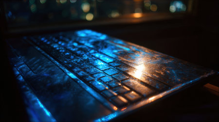 Soft blue hues from city lights reflect off a shiny laptop keyboard in a dimly lit room, creating a peaceful atmosphere.の素材